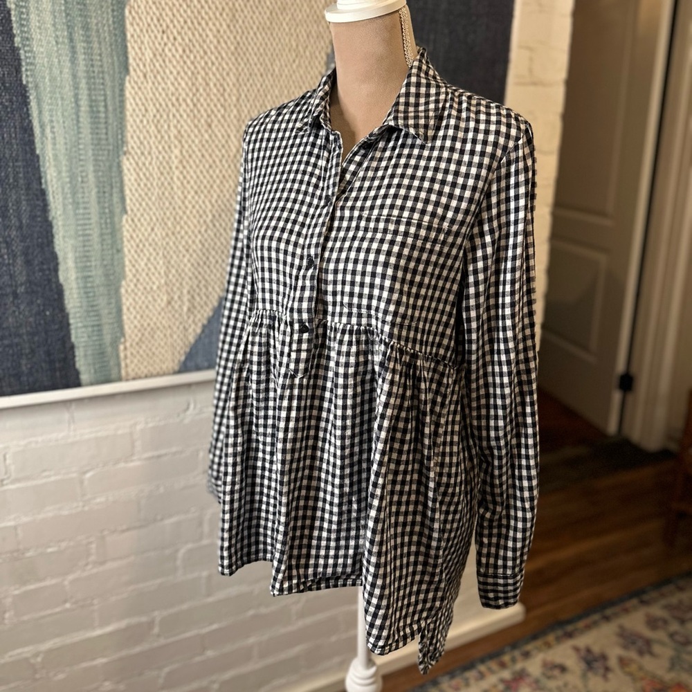 Zara Denim Collection Gingham Black and White Flowy Collared Shirt - Picture 5 of 9